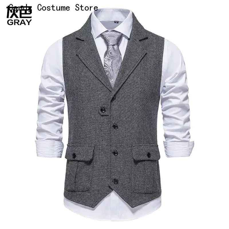 Men's Vintage Brown Vest Spring New Single breasted Suit Vest Brand Formal Coat Turn-down Collar Dress Tuxedo