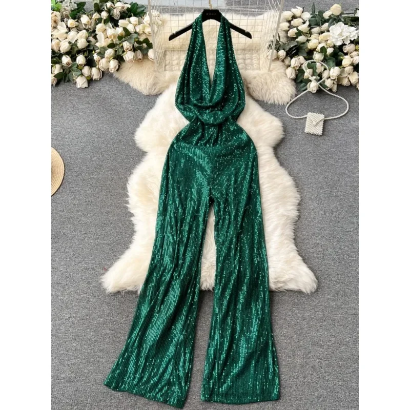 Fashion hanging neck Sequin Glitter Jumpsuit Women Wear Spring Halter Swing Collar Backless High Waist Long Jumpsuits Overalls