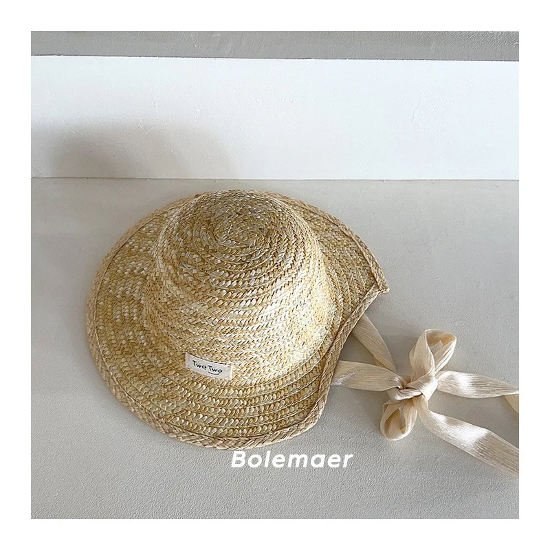 Sombrero de paja de ala grande para niños, gorra de pescador con lazo coreano, gorra de Banama para niñas, protección solar para la playa, 2024