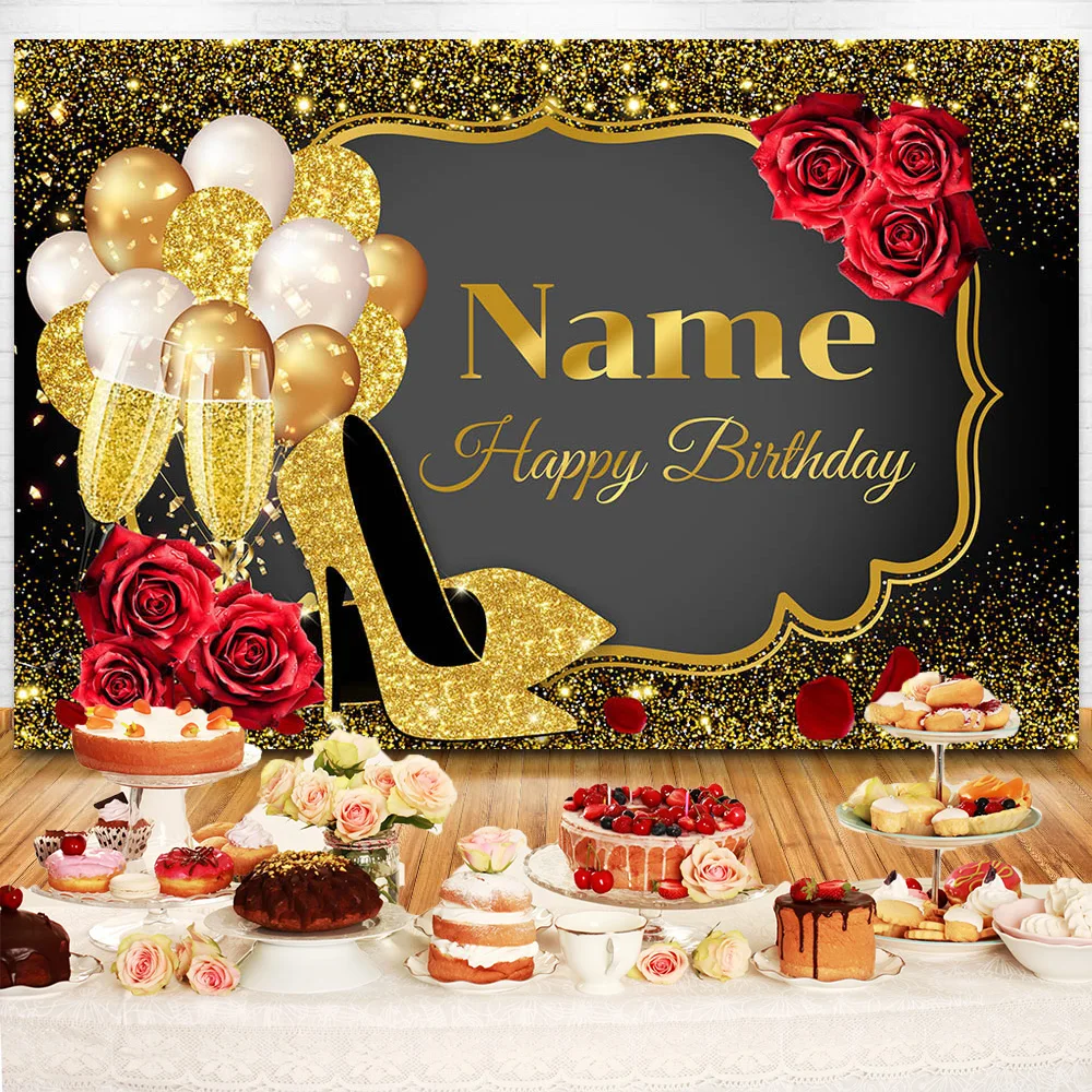 Custom Name Red Pink Rose Flowers Golden Balloons Happy Birthday Heels Champagne Background for Women Party Banner Photo Props