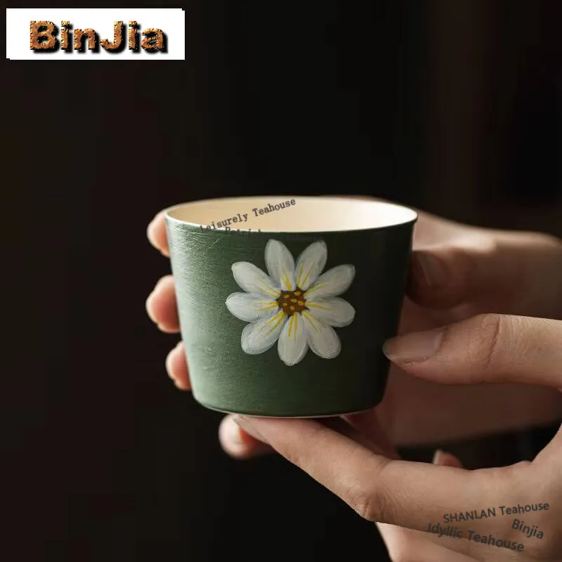 105ml Ink Green Powder Yin Master Cup Hand-painted Small Daisy Teacup Tasting Mug Vintage Tea Bowl Meditation Cup Teaware Gift