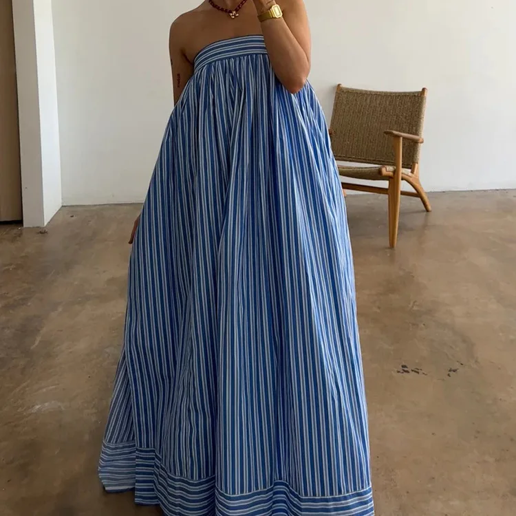 

2026 New Summer Women's Striped Backless Bandeau Dress, Off-the-shoulder Tie Design Loose Maxi Dress for Sexy Girls