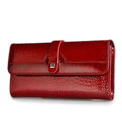 HH Women Long Wallet Genuine Leather Wallets Red Aligator Pattern Cowhide Purse Three Fold Large Capacity Clutch Wallet Luxury