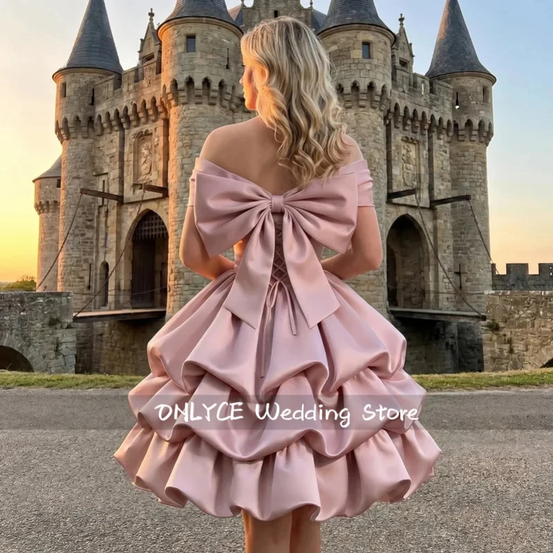 

Off Shoulder Short A-line Cocktail Dresses Bow Corset Tiered Satin Pleated Sleeveless Customized платье на выпускной