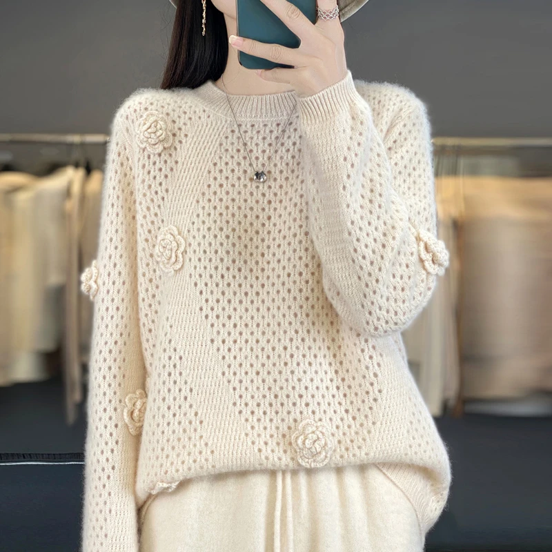 

Осень/зима, толстый вязаный свитер, женский трехмерный крючок с цветком, круглый вырез, полый пуловер, топы из 100% чистой шерсти