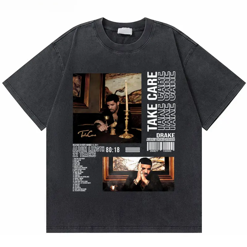 Washed Vintage Rapper Drake Take Care Album Graphic T Shirts Men Hip Hop Retro Tshirt Men's Fashion Casual Oversized Tee Shirt