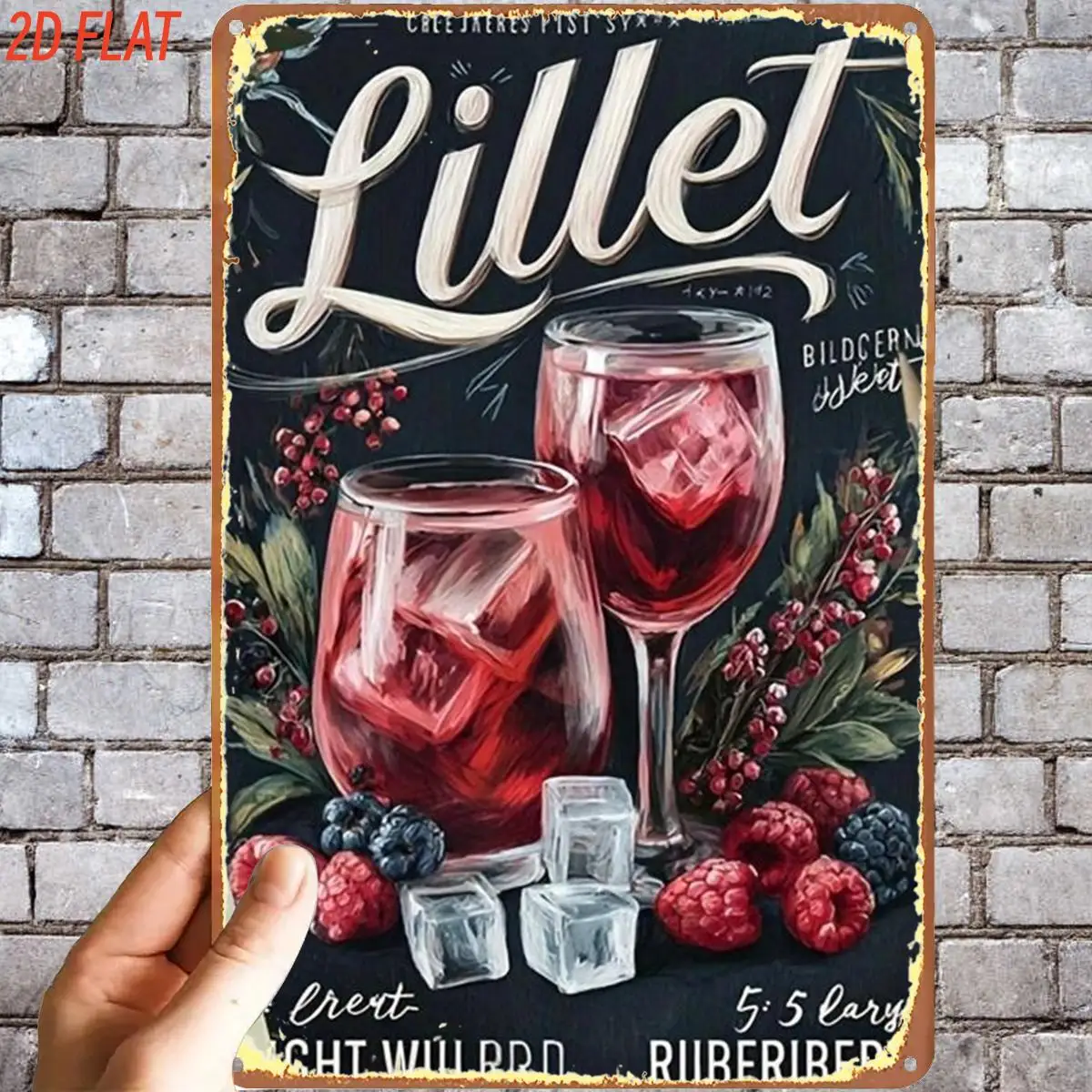Letrero de hierro plano 2D con diseño retro de cóctel de Lillet Berry, decoración de pared para interiores, jardín, exteriores, hogar, oficina y baño.