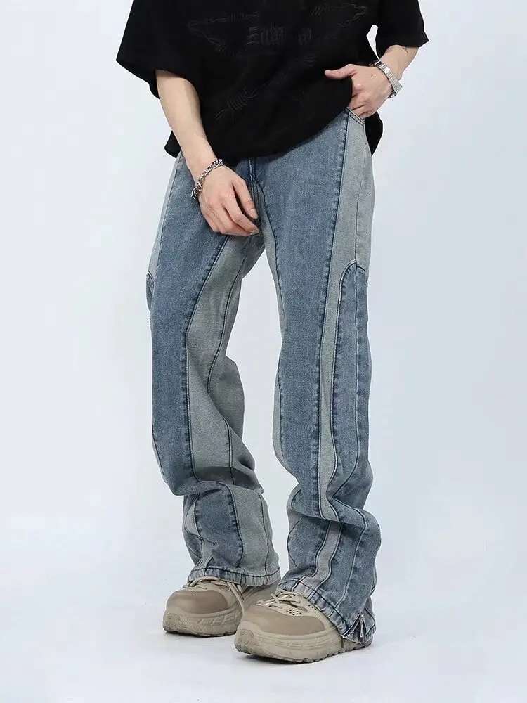 2024 Kanye Y2K Streetwear Washed Blue Baggy Stacked Jeans Pants For Men Clothing Ankle Zipper Straight Vintage Denim Trousers