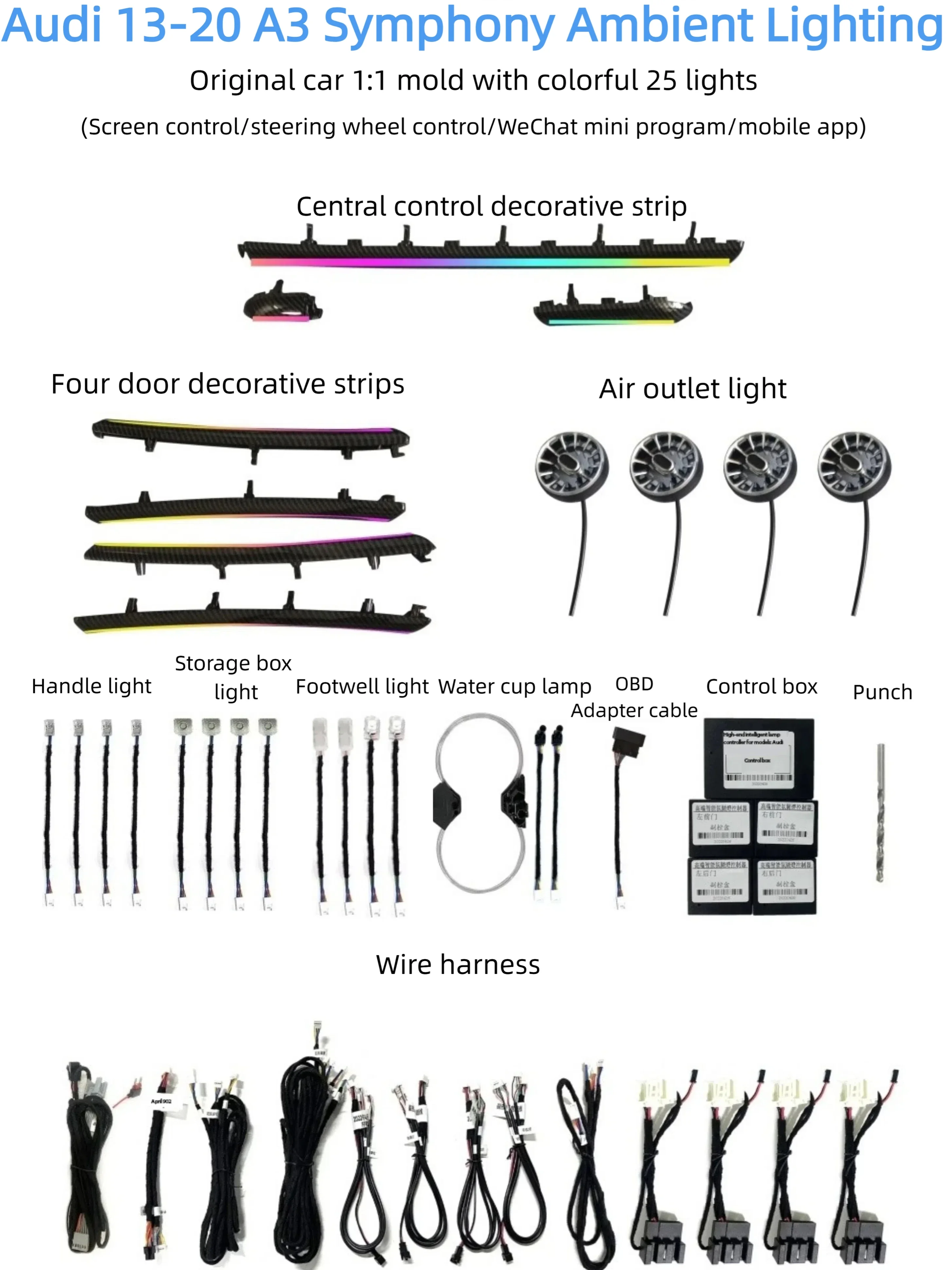 For Audi A3 Car Ambient Interior LED Light Symphony 25 Lights Air Vents Compatible with 2013-2020 Models