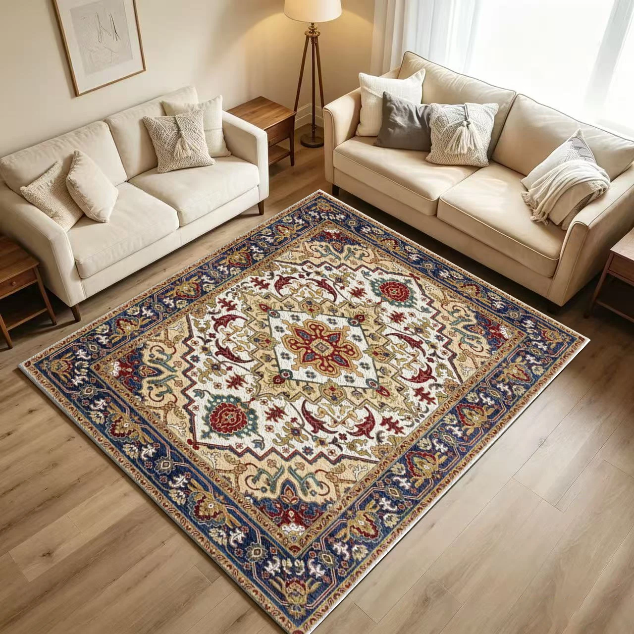 Blue and Red Cream Color Classic Oriental Medal Pattern Carpet Vintage Ethnic Carpet Floor Living Room Carpet