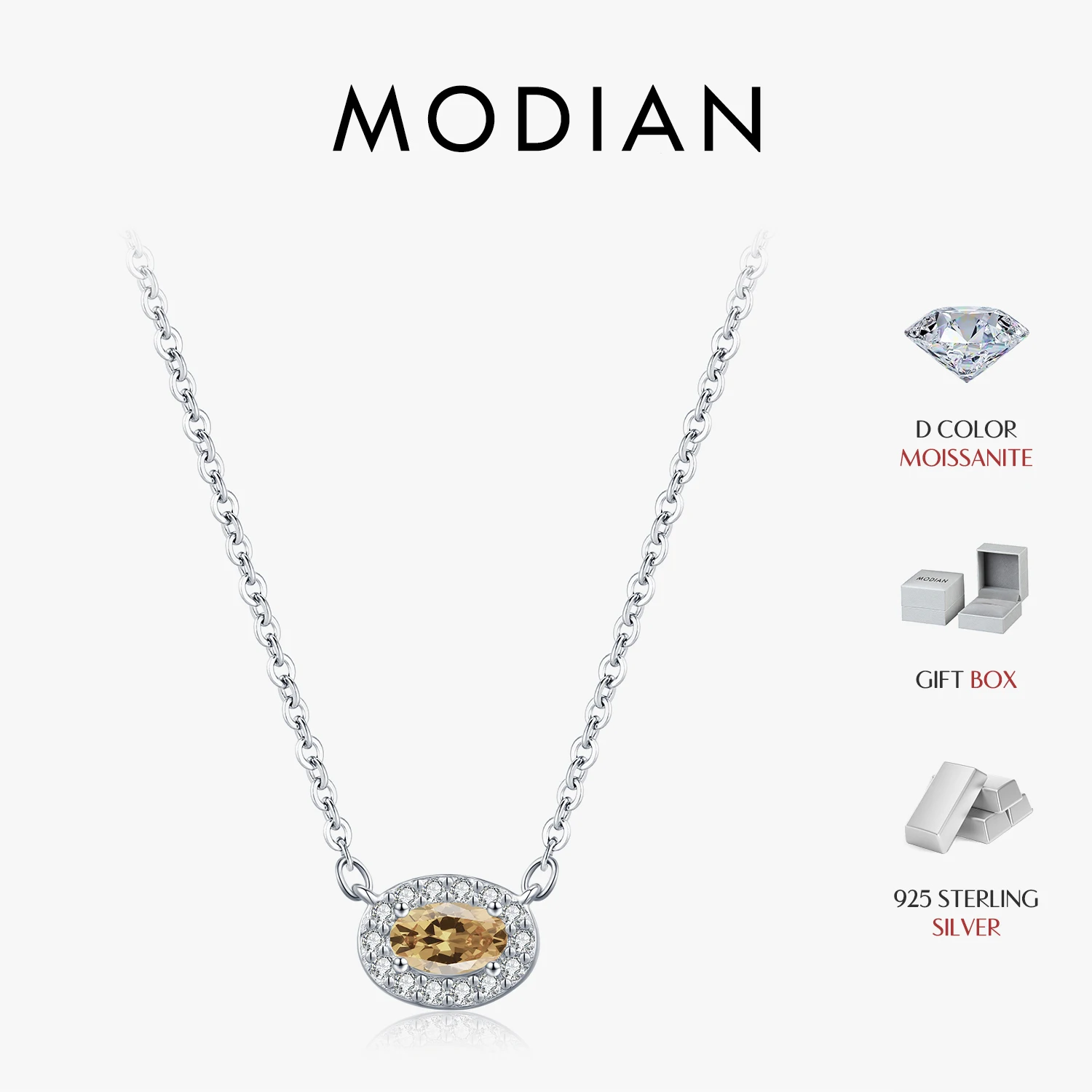 MODIAN 925 Sterling Silver Simple Champagne Color Moissanite Oval Halo Pendant Necklace For Women Fine Jewelry