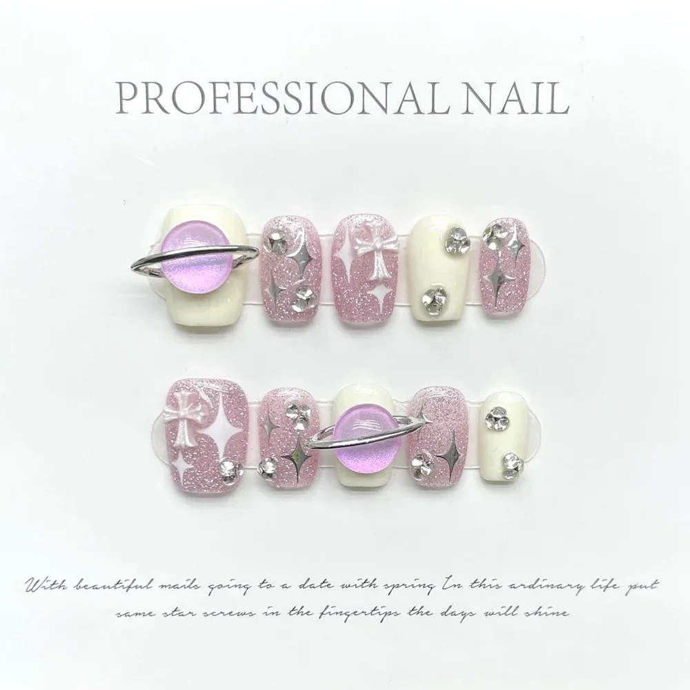 Handmade Short Press on Nails Korean Purple Fairy Kawaii Flower Design Reusable Adhesive False Nails Cute Full Cover Nail Tips