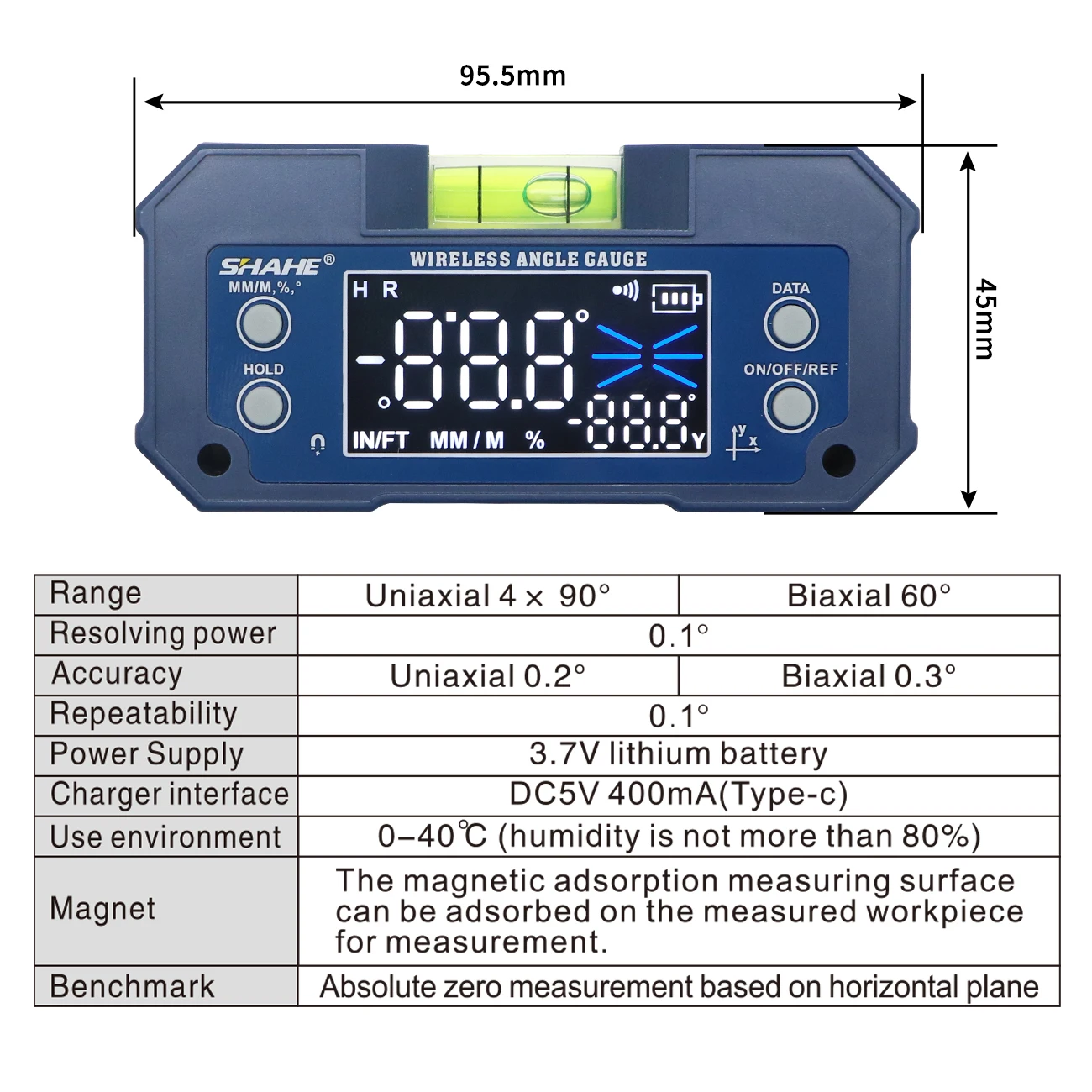 SHAHE MINI Magnetic Level Gauge Inclinometer Rechargable Angle Protractor Dual Axis Digital Angle Finder With Level bubble