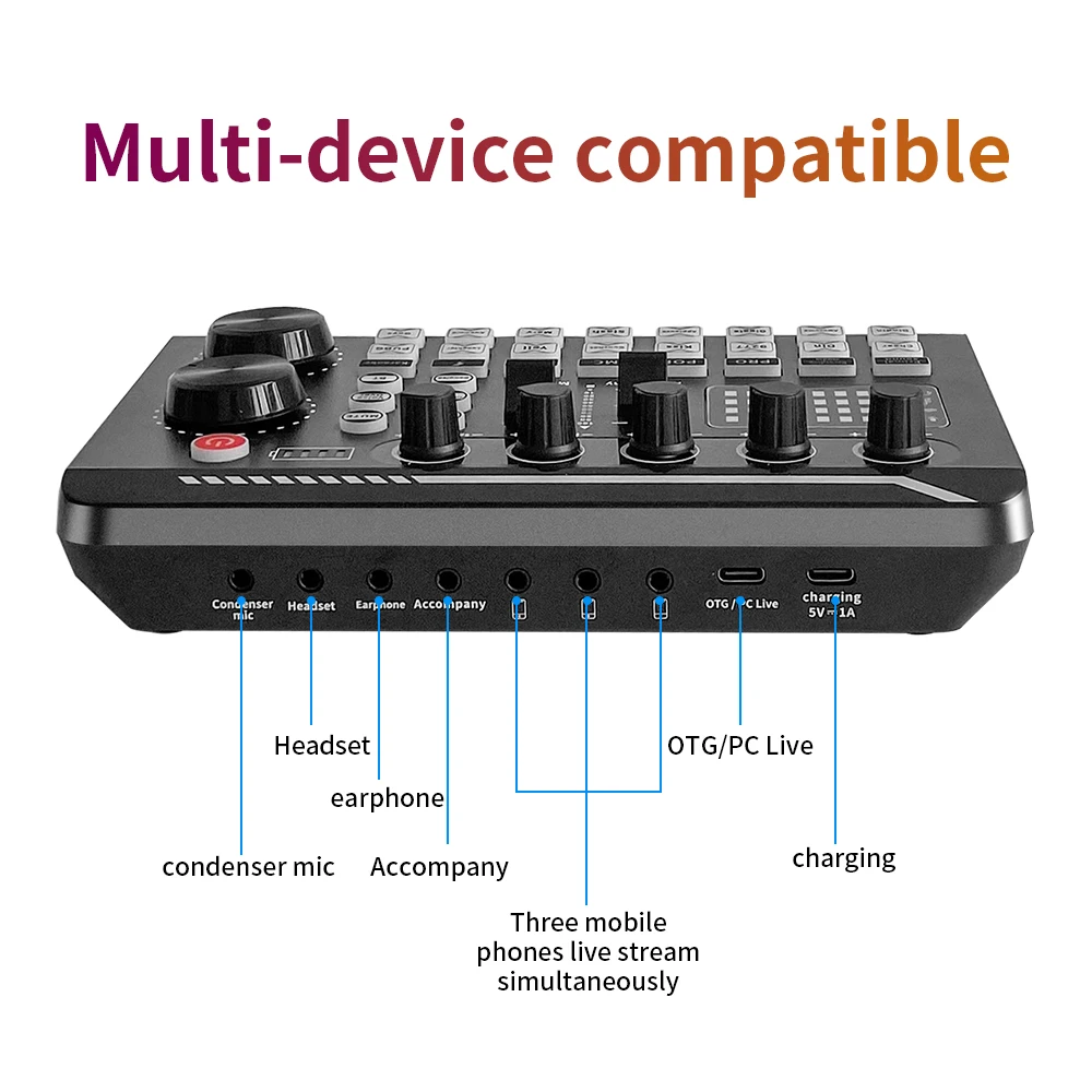 Tarjeta de sonido V8S, interfaz de Audio en vivo con efectos de mezclador de DJ, cambiador de voz, mezclador compatible con Bluetooth para transmisión en vivo y canto