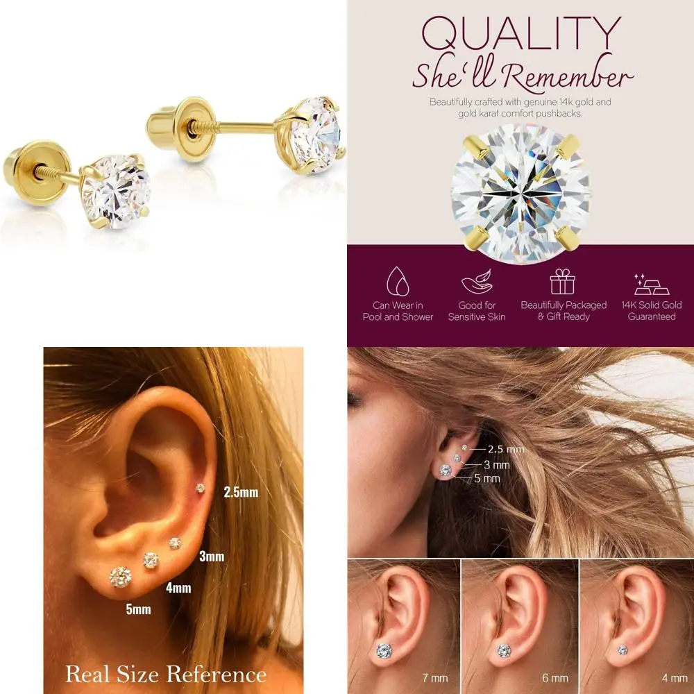 

14K Gold Round Cubic Zirconia Solitaire Stud Earrings with Secure Screw-Back Design | High-Quality CZ Earrings for Everyday Wear