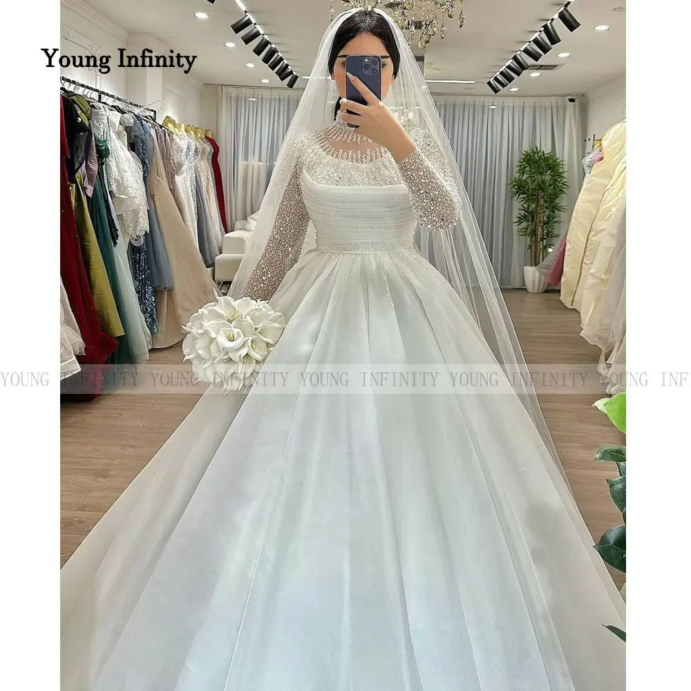 

Customized High Neck Long Sleeves Wedding Dresses Beading Sequins Pearls Bridal Gown Bride Dress For Women Saudi Arabia White