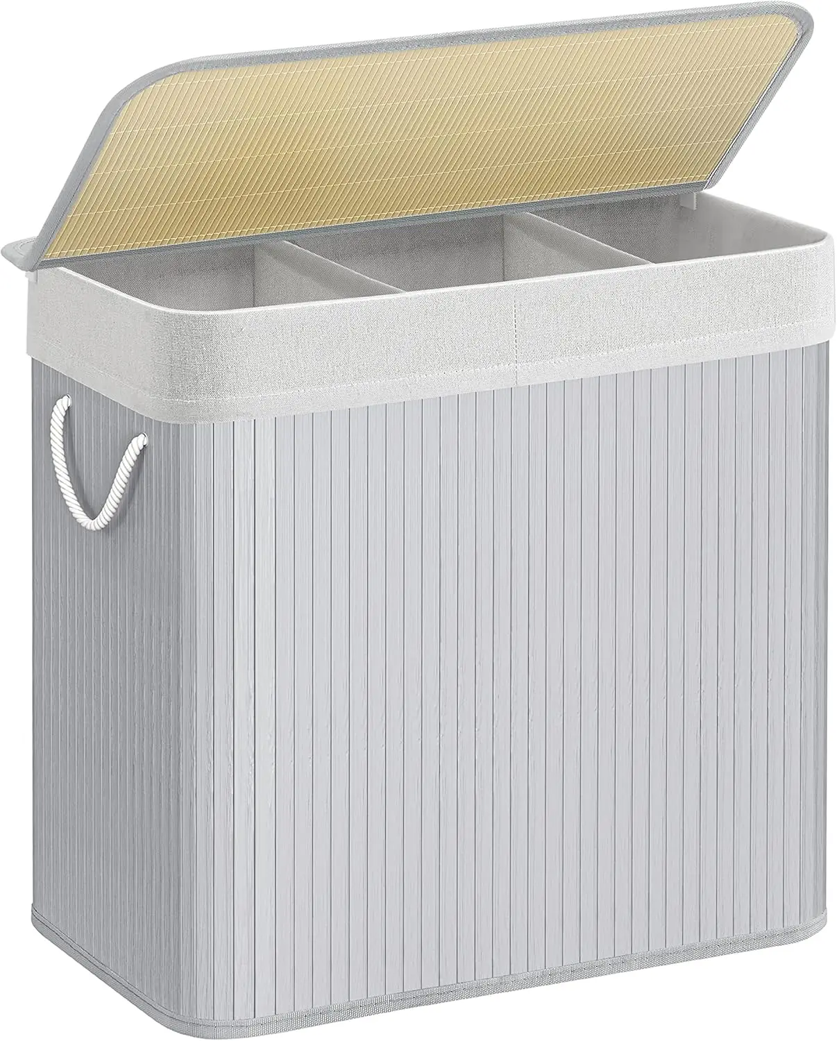 SONGMICS laundry basket, with lid and handles, made of bamboo, 3 compartments, 150 L