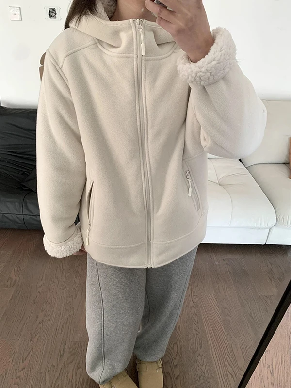 

Women's Thiened Lamb Fur Hooded Cardigan Sweatirt Fce Outerwear Autumn Winter Warm Cotton Jaet Zipper Closure ...