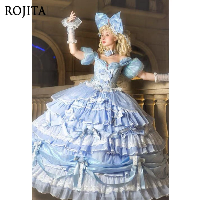 

Blue Lolita Long Dress Female Evening Gown Blue Layered Ruffle Tiered Wedding Dress Birthday Princess Dress