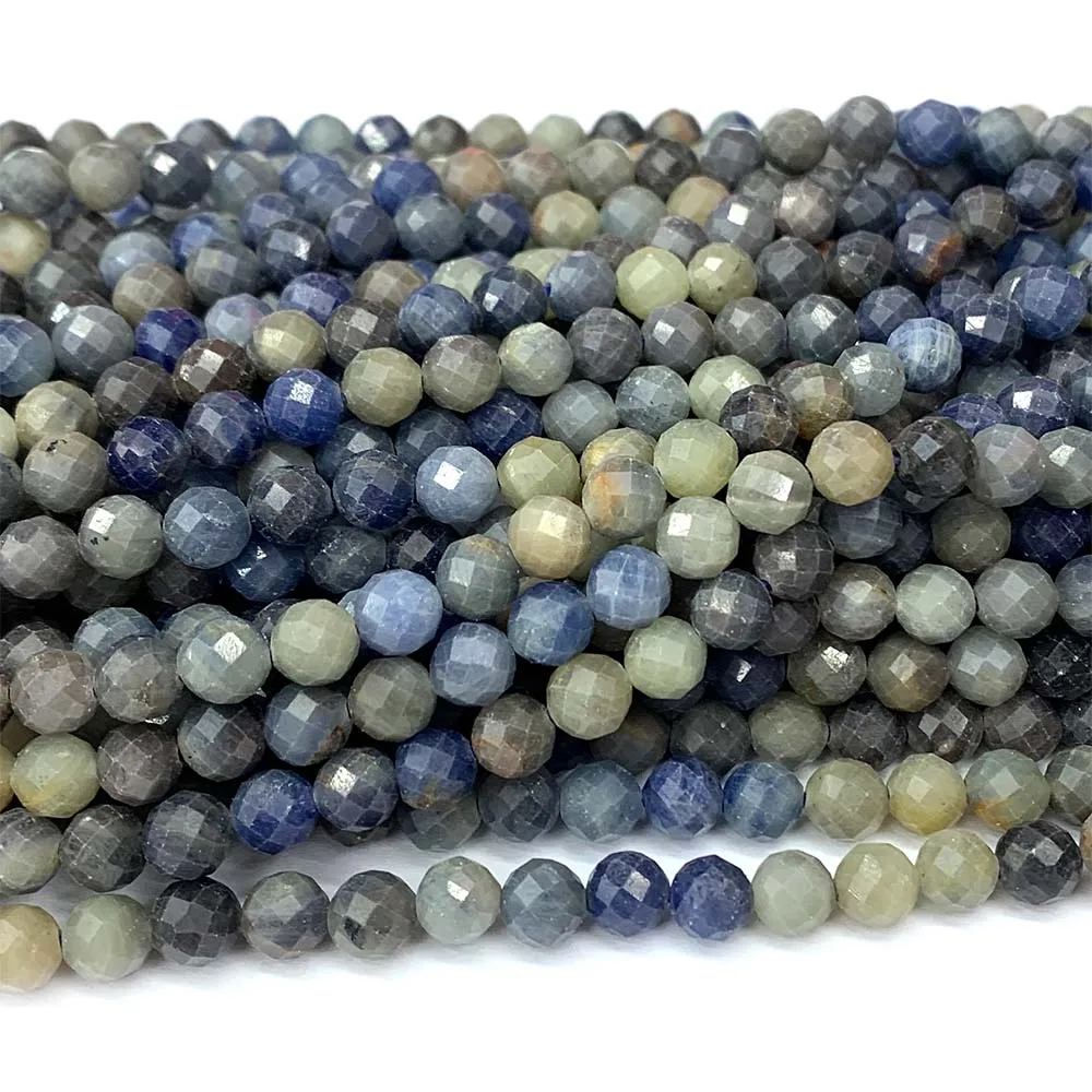 Veemake Natural Tanzania Sapphire Blue Yellow Faceted Round Loose Beads For Jewelry Making 08521