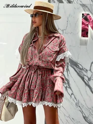 Spring New Floral Dress Women Fashion Lace Patchwork Long Sleeve Short Mini A-line Dresses With Belt Y2k Clothes Lady Dress