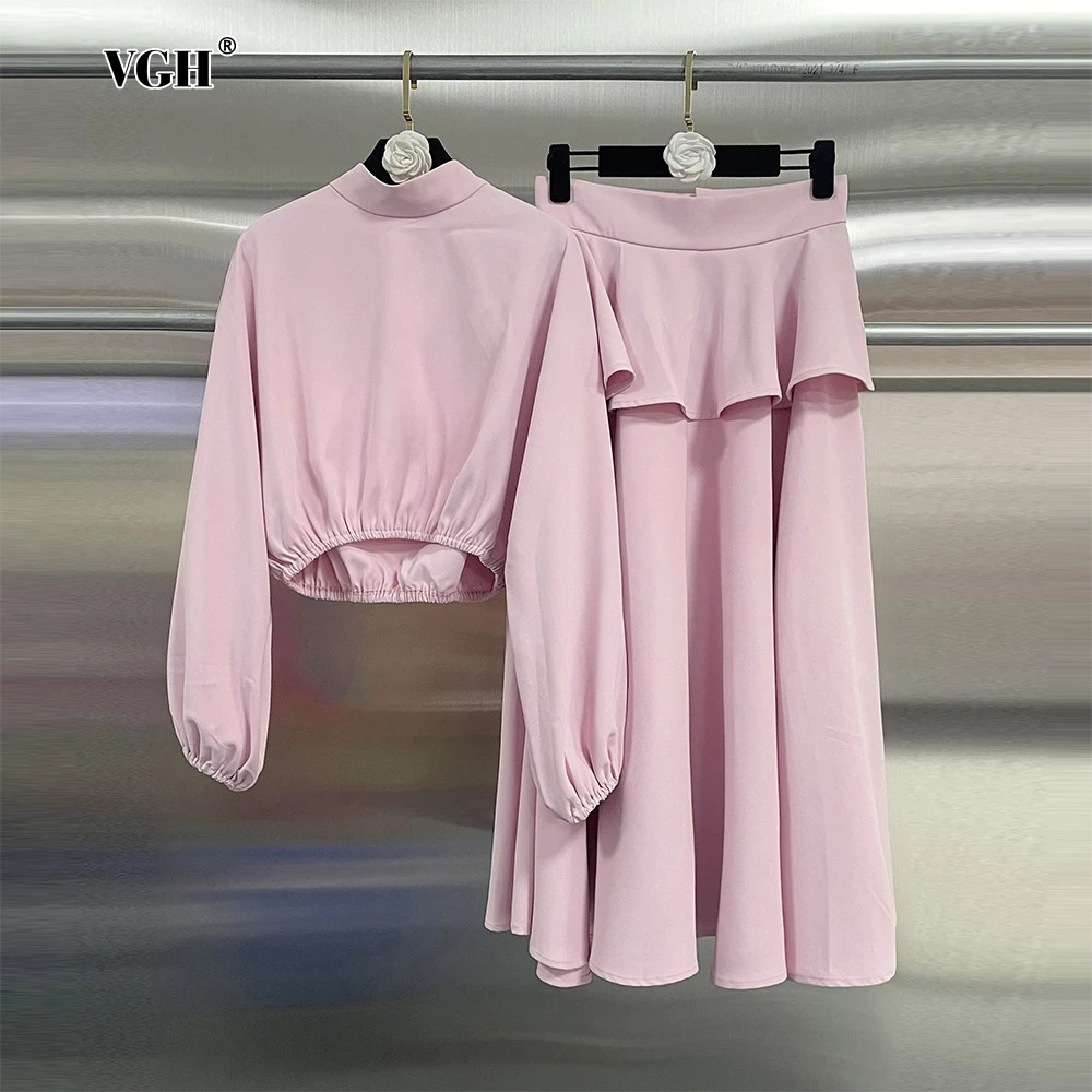 

VGH Solid Sweet Two Piece Sets for Women Turtleneck Long Sleeve Short Top High Waist Spliced Fungus Puff Midi Skirt Set Female