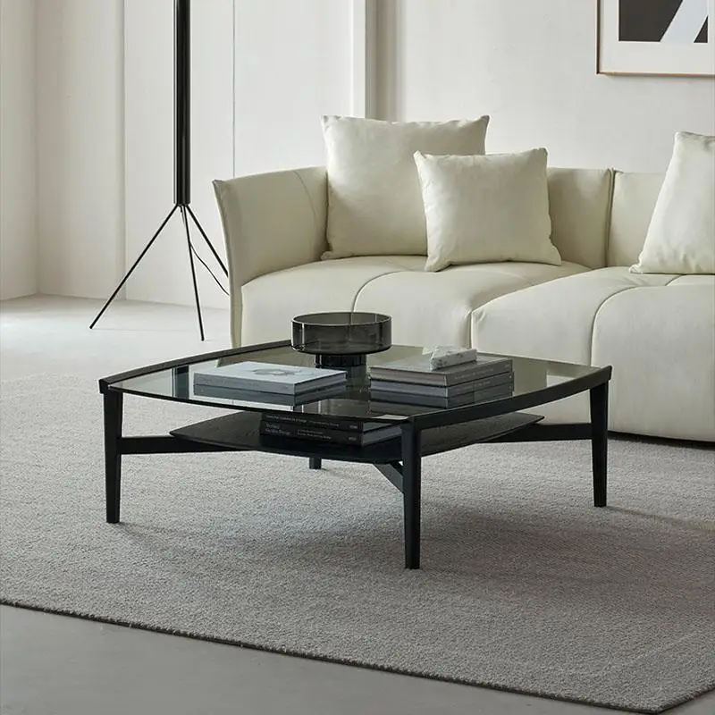 North American small apartment household living room solid wood square glass coffee table light luxury design antique