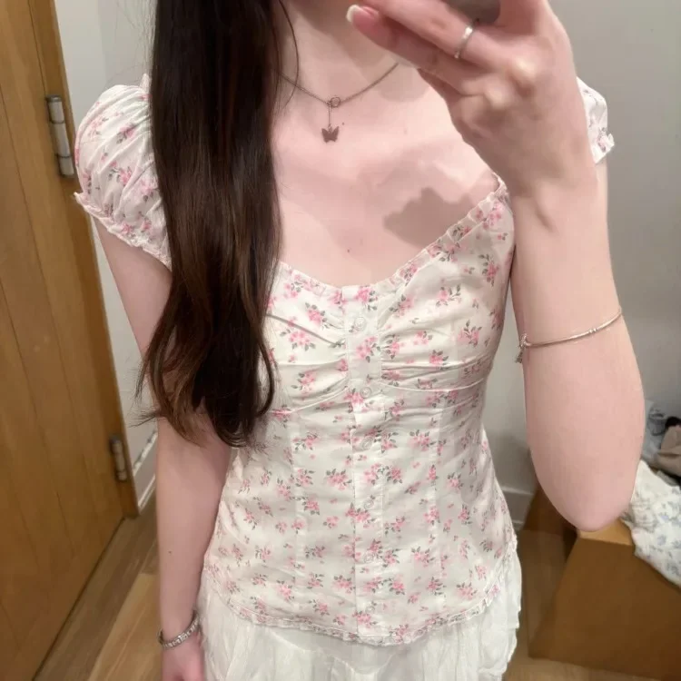 

2025 Y2k Clothes Blouse Sweet Stripes Spring Summer Vintage Women Shirts Ruffles Buttons Simple Blusas Feminina