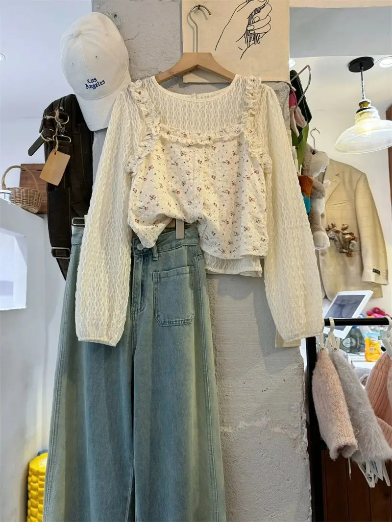 

Женская рубашка Sweet Sle: новая весенне-осенняя верхняя одежда, жилет с цветочным принтом, джинсы с высокой талией, повседневные свободные длинные рукава, круглый вырез.