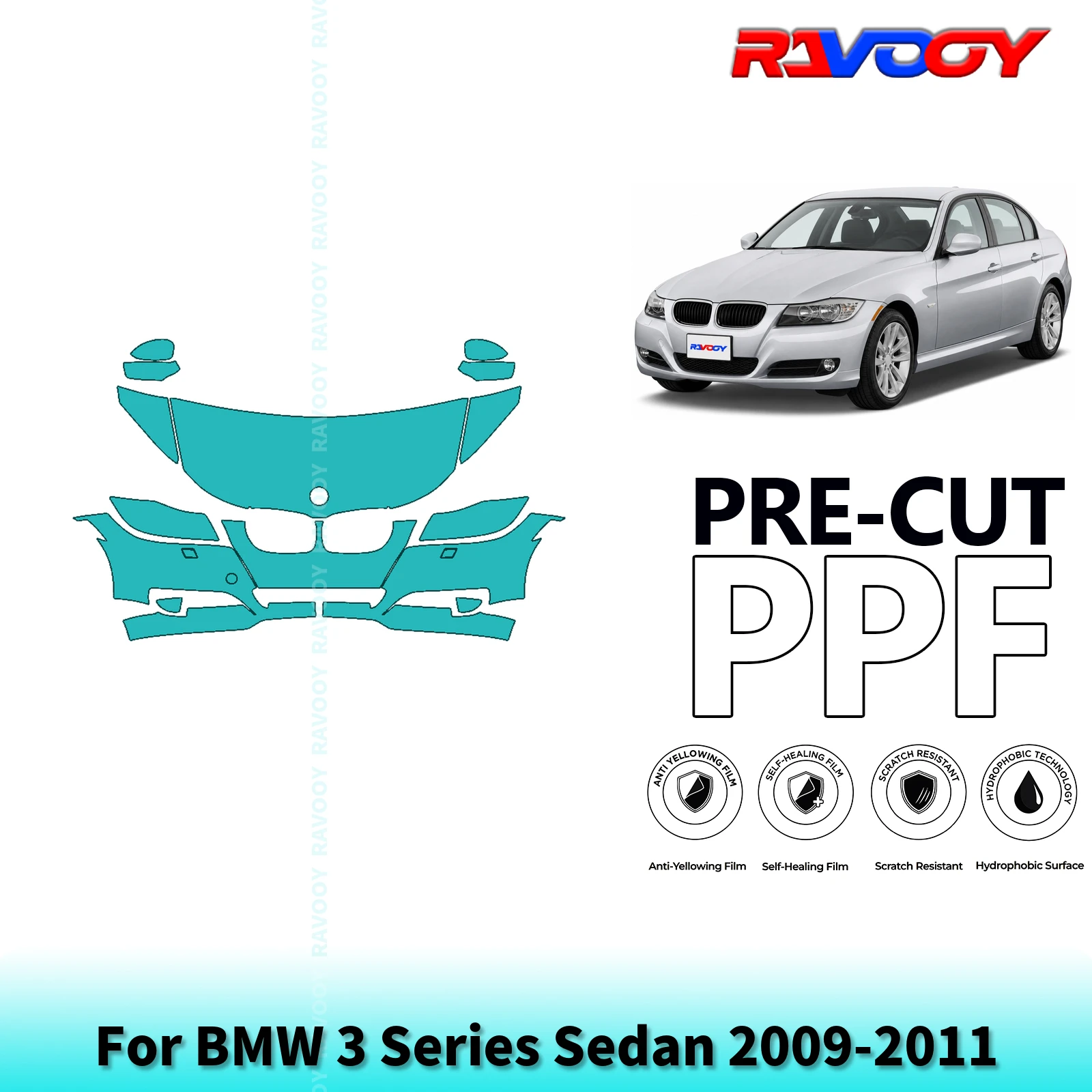 For BMW 3 Series Sedan 2009-2011 Partial Front 8.5Mil Pre-Cut Paint Protection Film PPF Stone Chip Kit Clear/Matte/Black Options