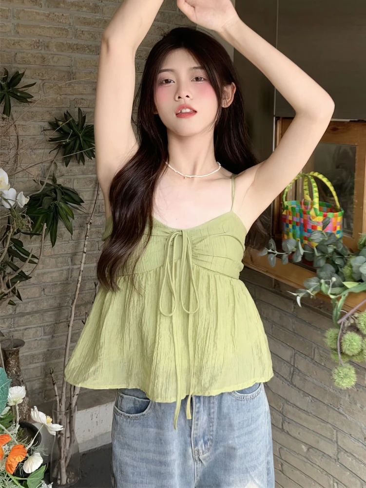 Women Linen Sweet Babydoll Ruffle Crop Sleeveless Top Thin Strap Front Bow Ties Flowy Camis Female Korean Tank Top