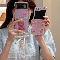 Korean Cute Bear Hinge Phone Case For Samsung Galaxy Z Flip 6 5 4 3 Z Flip5 Flip4 5G Cover with Chain Strap Clear Kawaii Funda