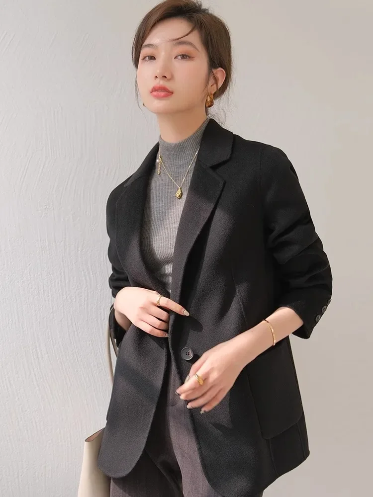 Insozkdg High-end Double-sided Cashmere Coat Women Short Blazer 2024 New Autumn Slim-fit Elegant Woolen Jacket Luxury Lady Tops