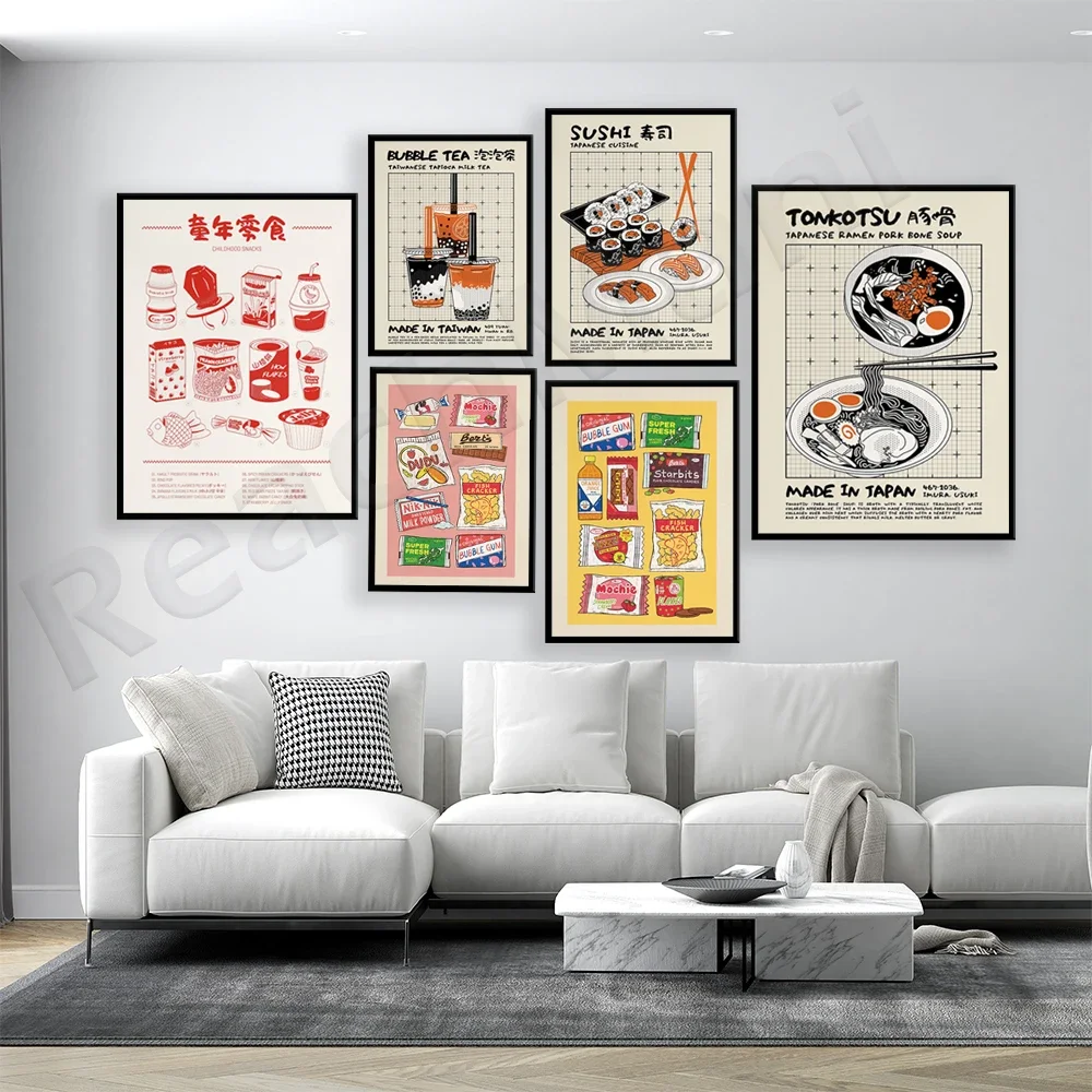 Sushi roll sashimi, pork bone ramen, pearl milk tea, dim sum, pork chop rice, snacks Japanese food kitchen decoration poster