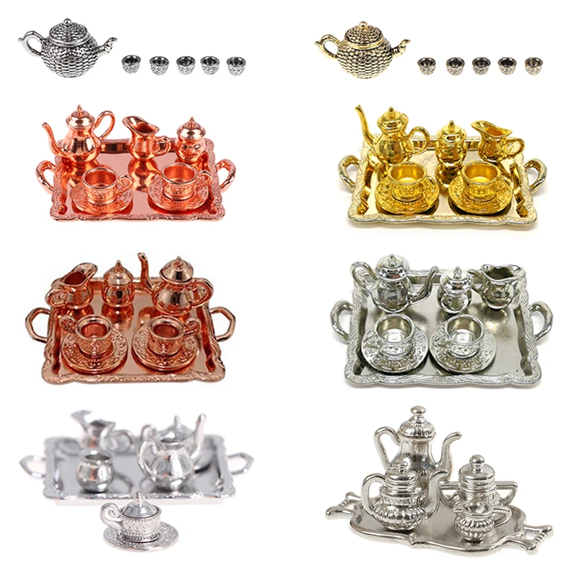 5/6/8/10Pcs/set Doll House Miniature Metal Tea Doll House Furniture Miniature Dining Ware Toy Teapot Cup Plate