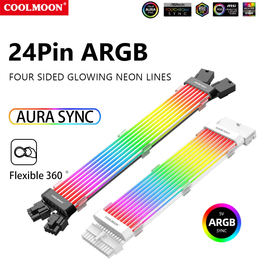 Coolmoon argb 8pin/24pin placa-mãe cabo de extensão fio 5v 3pin x 2 + 4pin pc caso fonte alimentação linha decorativa tira da lâmpada do computador