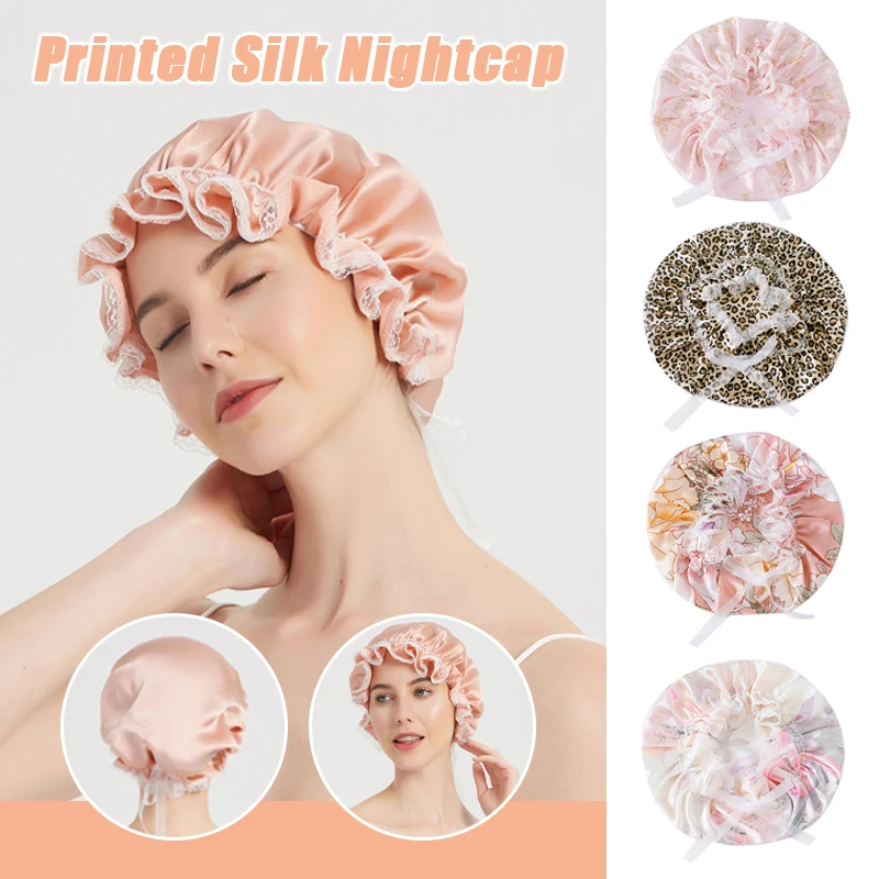 New Solid Color Silk Nightcap Printed Silk Lace Hair Cap Medium Long Hair Adjustable Home Confinement Maternity Lace Cap