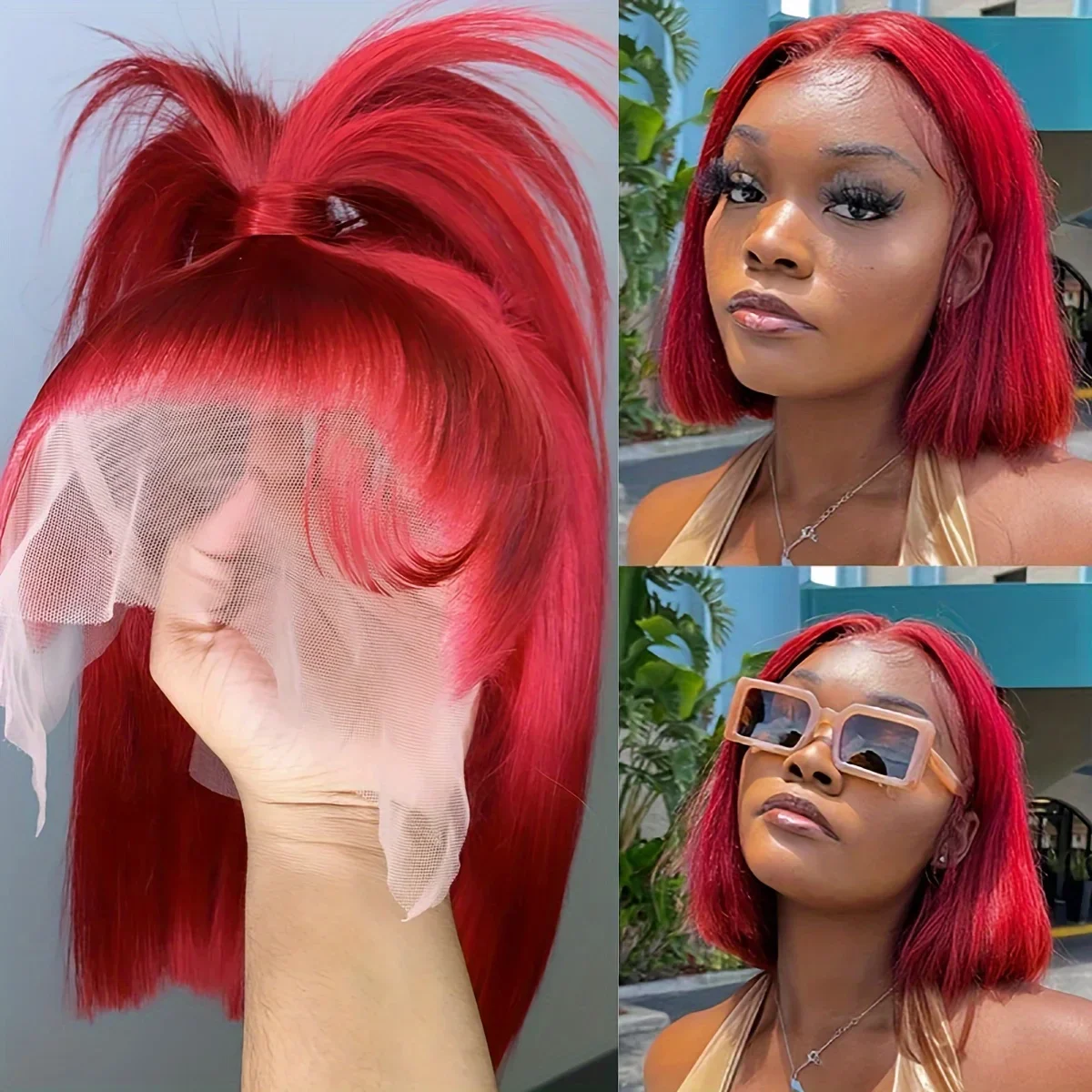﻿   Vermelho transparente frente do laço bob perucas de cabelo humano colorido bob peruca 13x4 vermelho bob frente do laço perucas cabelo humano 100% cosplay hd