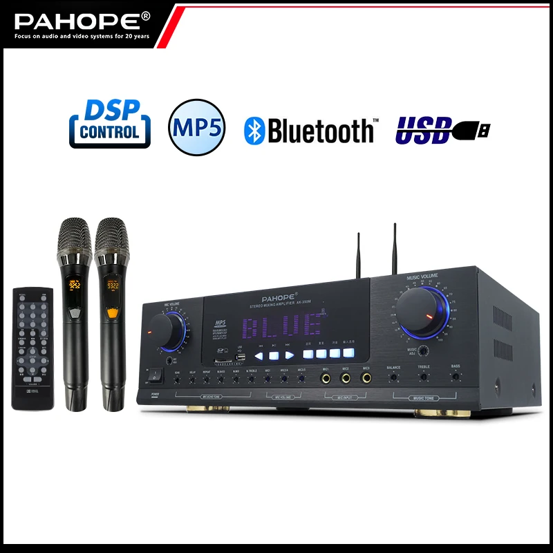 

PAHOPE Home KTV Karaoke Power Amplifier with DSP 2.0 Channel Audio Receiver Wireless Microphone Supports USB Bt MP5 AUX