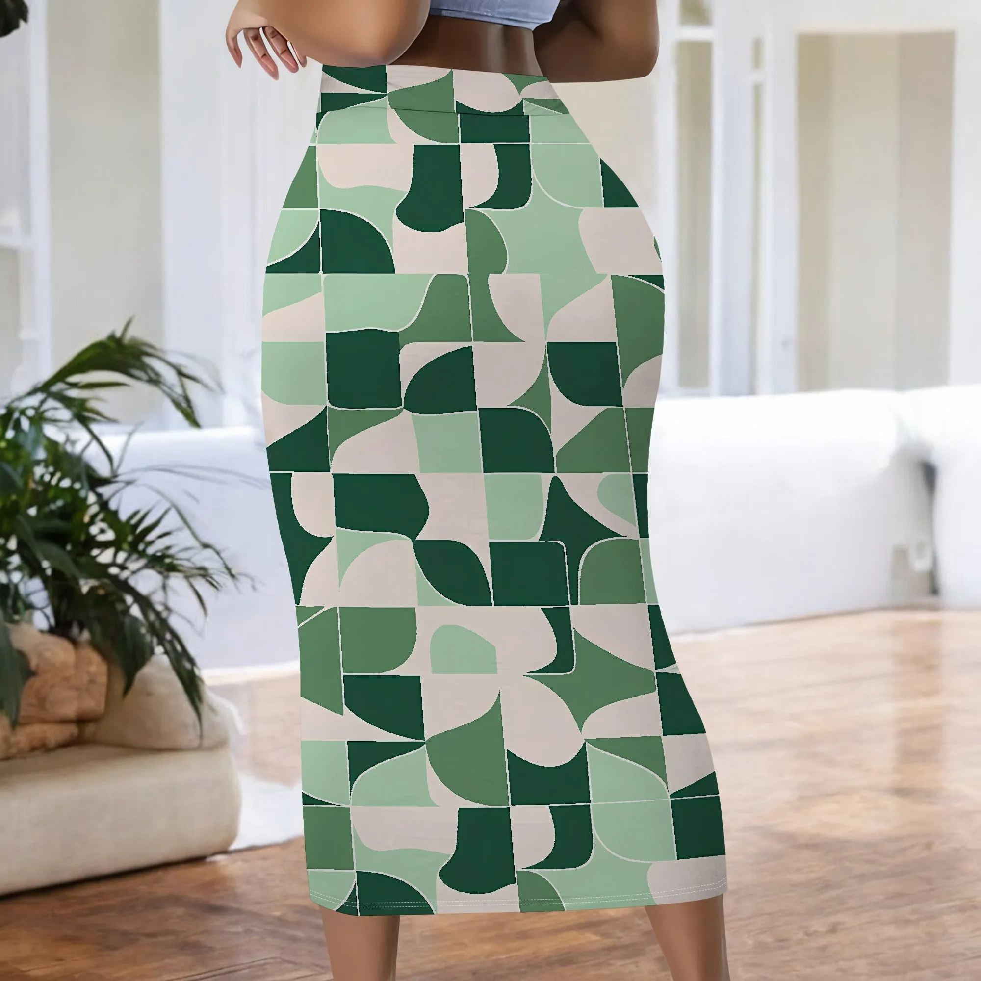 Geometrischer Druck, Midirock, grünes abstraktes Muster, Retro-Stil, Bürokleidung, Freizeitoutfit, S-2XL – Detail 6
