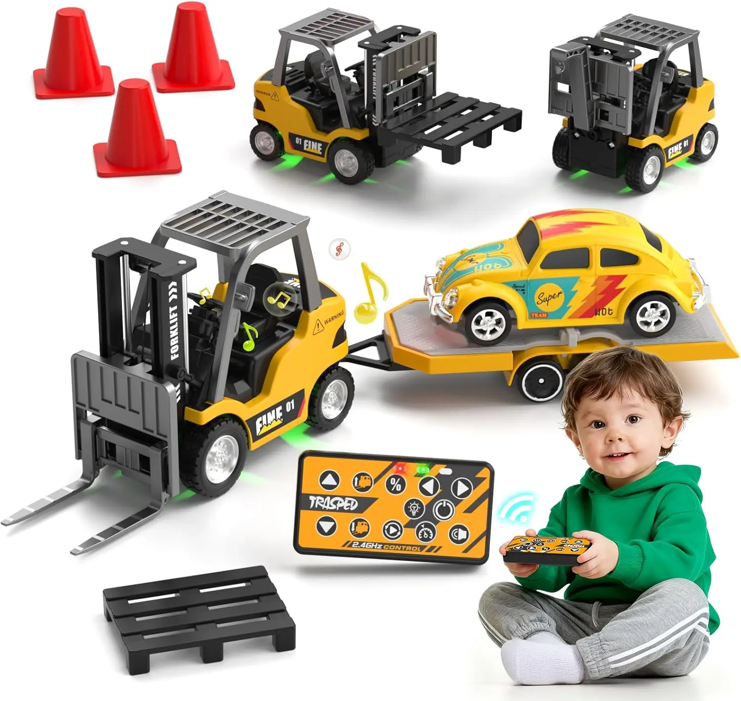 

1/64 RC Forklift With Trailer Full Scale Mini Rc Car With Flatbed Truck & Crane Toys Sound Lights Tabletop Vehicles Boys Toys