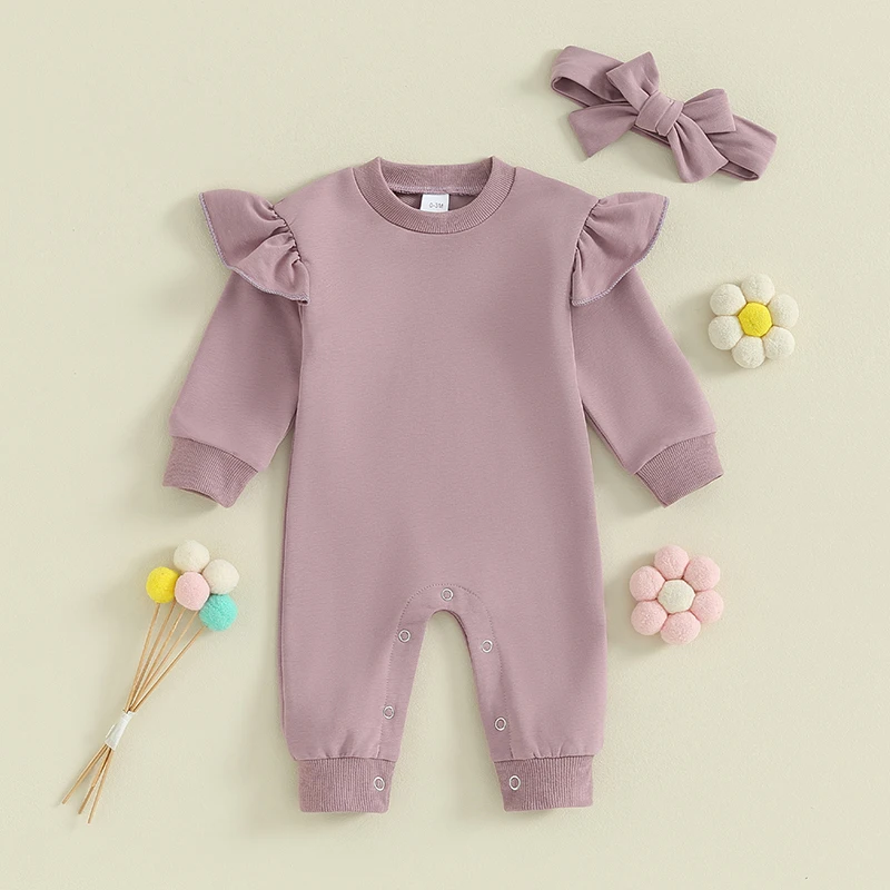 2023-09-13 Lioraitiin 0-12M Newbron Baby Girl Clothes Solid Ruffle Romper Long Sleeve Jumpsuit Headband Set Fall Winter Outfit