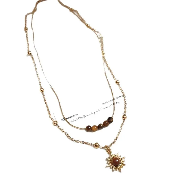 Gold Sun Sunflower Tiger Eye Double Layered Gold Plated Choker Necklace for Women Vintage Light Luxury Trendy Jewelry Gift