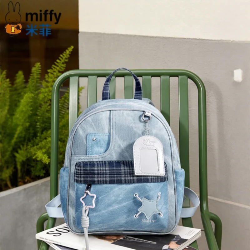 

Miffy Denim Patchwork Double Shoulder Bag New Retro Small Scale Design Casual Backpack Fashion Schoolbag Charm Collectible Gift