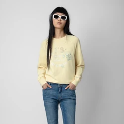 Zadig Casual Sweatshirt Women Pullover Gold Silver Thread Embroidery Print Raglan Sleeve Hooded Female Fashion Yellow Sweatshirt