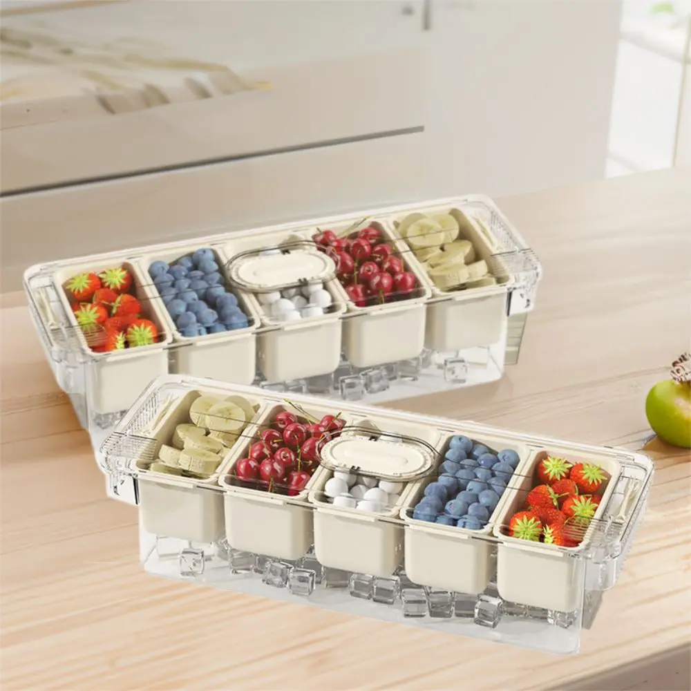 

5 Grids Ice Chilled Tray Platter Transparent Keeping Fresh Fruit Plate Server Dustproof with Lid Snacks Container Kitchen