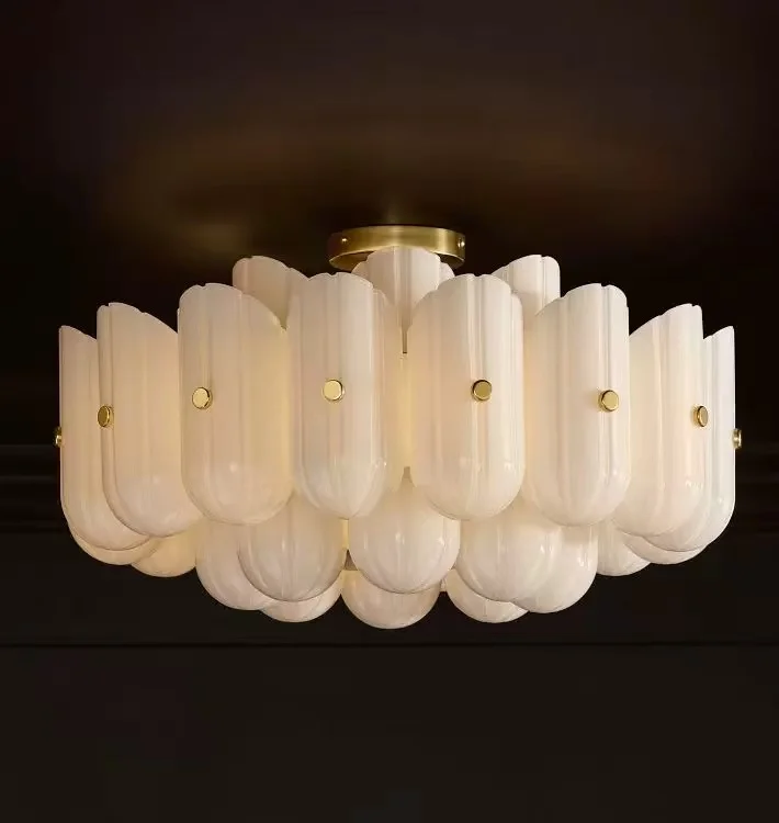 

New French Style White Glass Chandelier Cream Design Flush Mount Iron Brass Gold Black Copper Silver Dimmable Ceilings Lustre