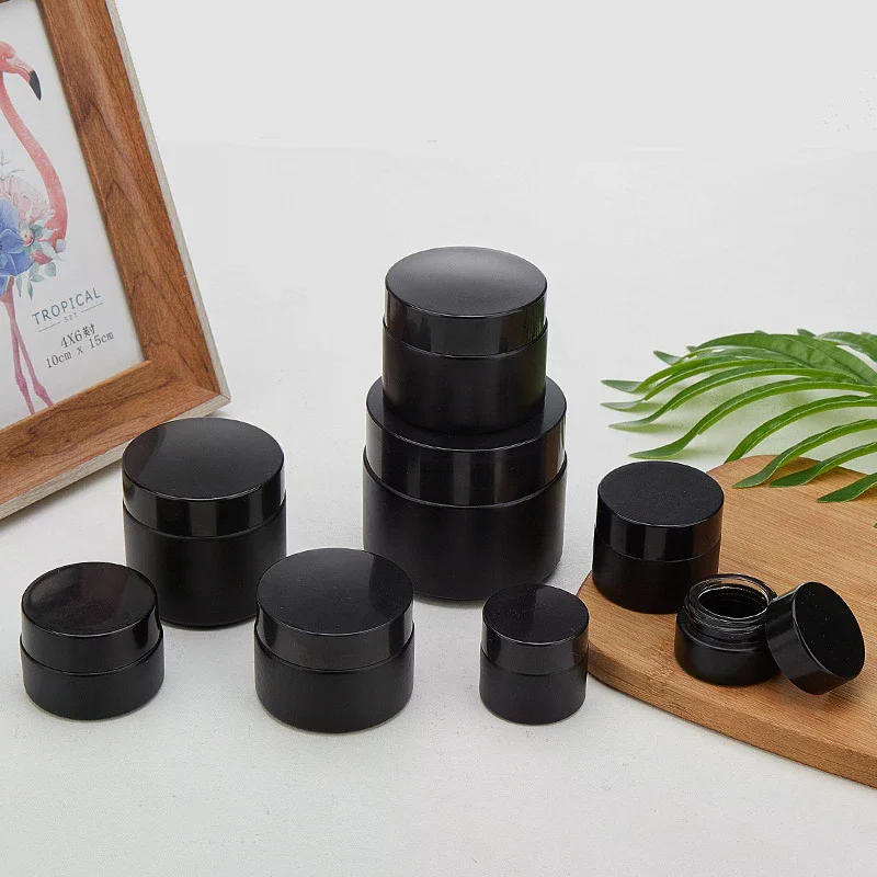 Frascos vazios com tampa de plástico, frasco de creme de vidro preto, recipiente cosmético, garrafa de vidro de 10/30/60g, recipiente de maquiagem, frascos cosméticos de viagem