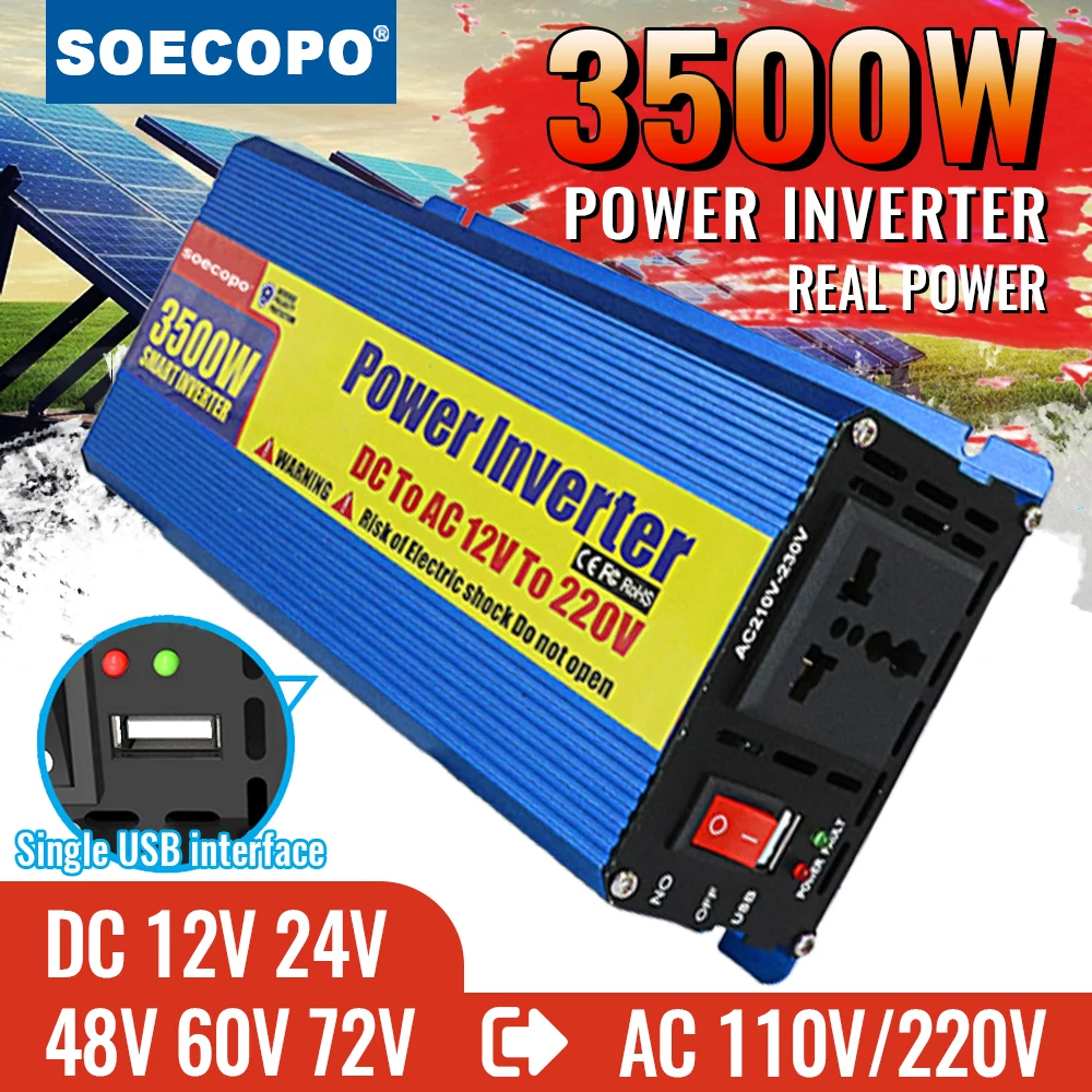 1000W-3500W Intelligent Inverter 12V 24V 48V to 110V 220V DC to AC with Single USB Interface and Alligator Clip Cable