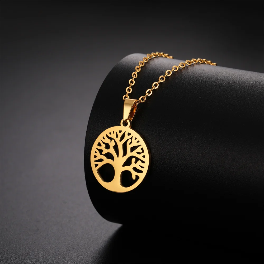 Tree of Life Women Necklace Round Pendant Stainless Steel Necklace Women Elegant Circle Tree Jewelry Wholesale Bijoux Collier